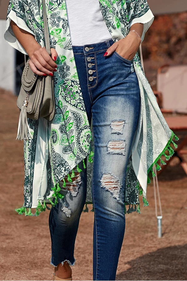 Grass Green Boho Paisley Printed with Tassel Detail Open Front Midi Cover Up 